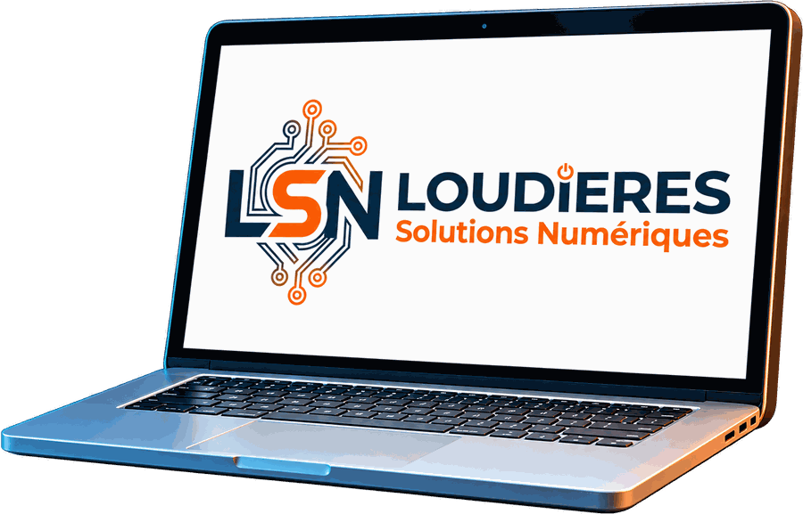 Ordinateur portable affichant le logo LSN, Loudières Solutions Numériques